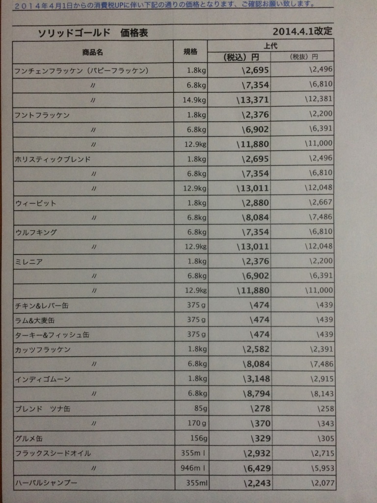 価格表４月から