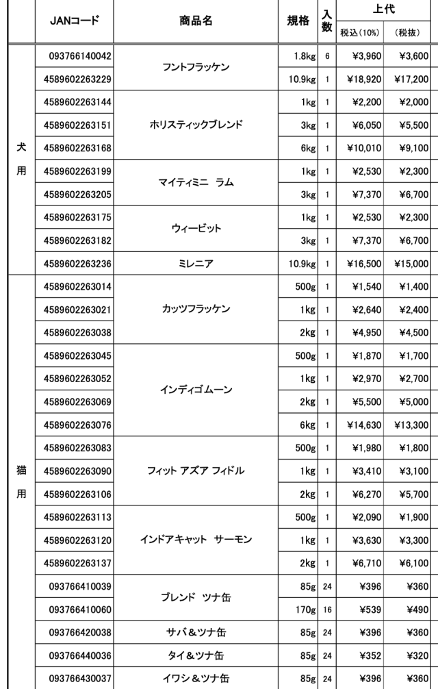 2024年3月改定価格表